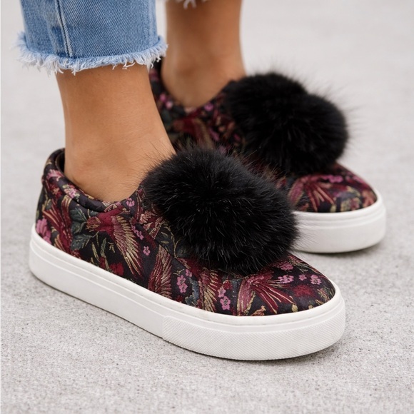 Sam Edelman Leya Pom Pom Flatform Slip On Trainers - Black Multi Majestic Bird - Picture 1 of 16